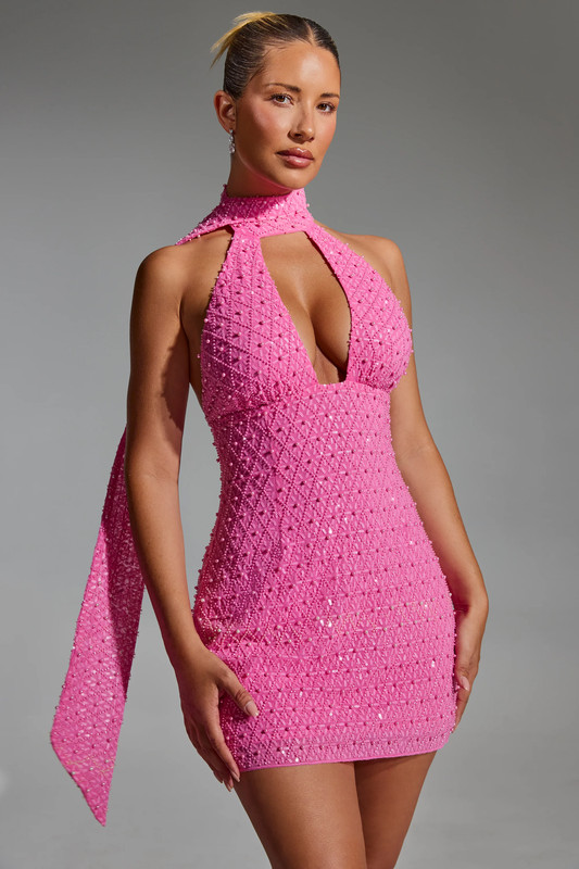 Embellished Scarf-Detail Halterneck Mini Dress in Hot Pink - UK Size:10